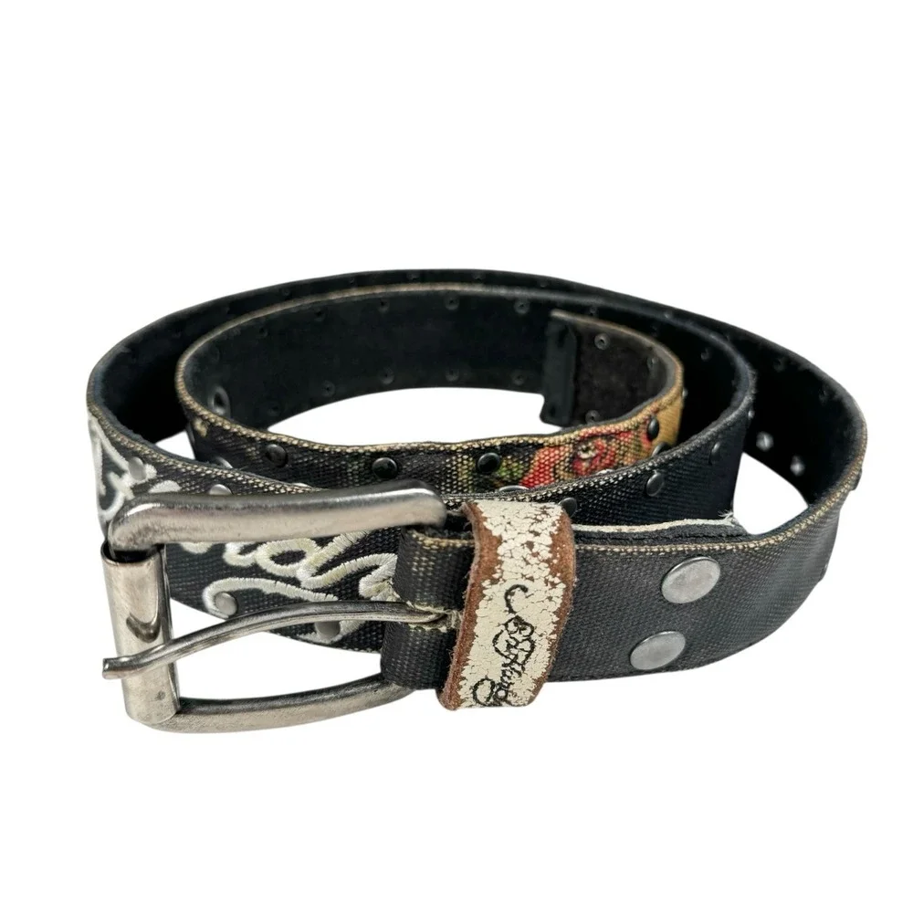 Vintage ED HARDY Embroidered Black Canvas Belt - Measures 49.5